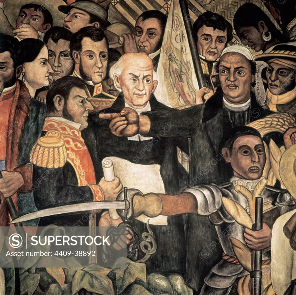 Independence of Mexico (1810-1824). Miguel Hidalgo Costilla (1753-1811) and Jose Mari_a Morelos (1765-1815), Mexican priests and patriots, struggling for independence of Mexico. Mural by Diego Rivera (1886-1957). Detail. National Palace. Mexico city. Mexico.