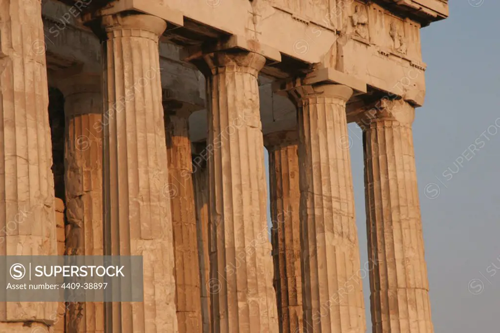 Greek Art. Parthenon. Was built between 447-438 BC. in Doric style under leadership of Pericles. The building was designed by the architects Ictinos and Callicrates. Detail of columns. Acropolis. Athens. Attica. Central Greek. Europe.