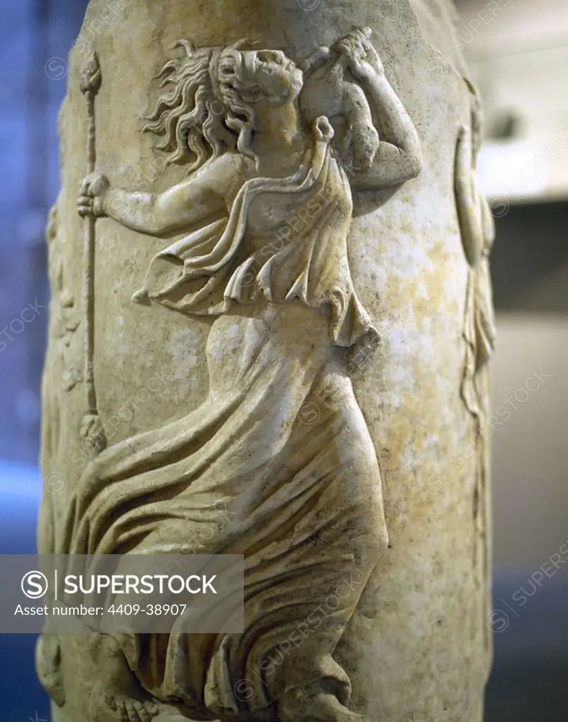 Dancing Maenad. Circular Altar. Pulpitum of the Italica Theater. 1st century. Archaeological Museum. Seville. Spain.
