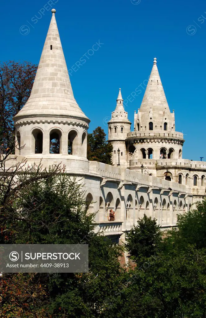 HUNGARY. BUDAPEST. View of Fisherman's Bastion, designed by Frigyes Schlek in neo-Romanesque style in late XIX century. It consists of seven observation towers in memory of the seven Magyar tribes founders of Hungary in 896. Declared a World Heritage Site by UNESCO.