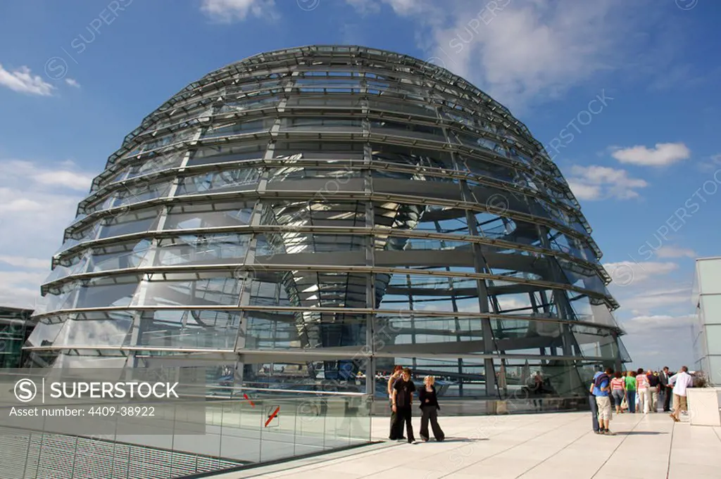 Dome of the Reichstag, seat of the German Parliament, designed by Norman Foster (b.1935). Exterior. Berlin. Germany.