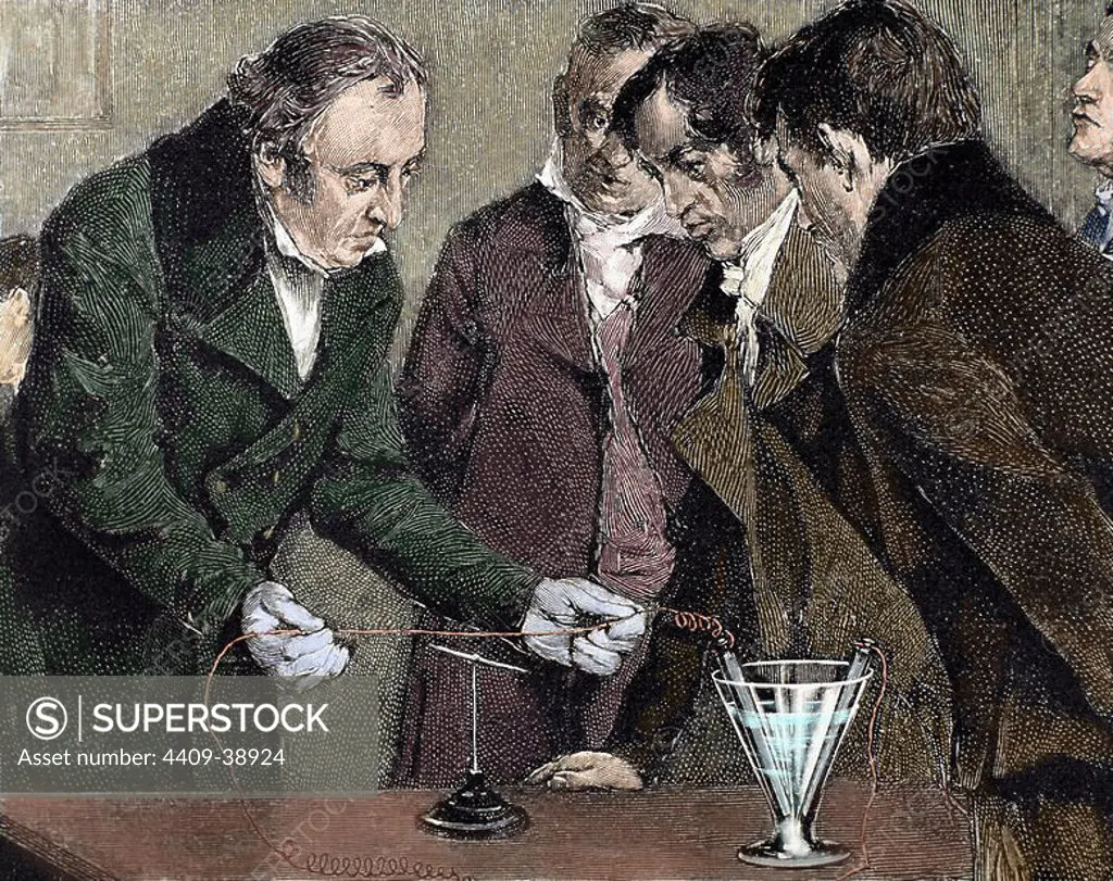 Oersted, Hans Christian (Copenhagen Rudkobing ,1777-1851). Danish physicist and chemist. Oersted discovers electromagnetism. Colored engraving.