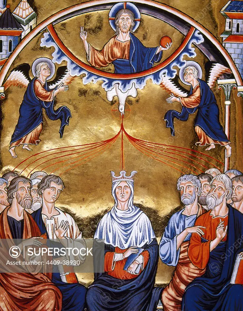 Pentecost. Miniature from Ingeborg Psalter, late 12th century. Created about 1195 in northern France for Ingeborg of Denmark, wife of king Philip II of France. Gothic miniature. Conde Museum. Chateau of Chantilly. France.
