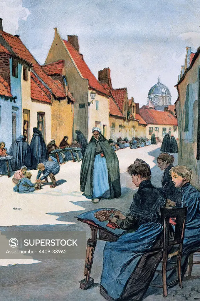 Society. Belgium. The lacemarkers in the city of Bruges. Drawing, 19th-20th centuries.