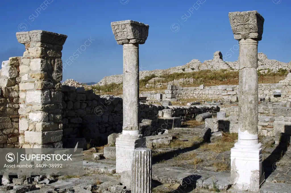 Early Christian art. Byllis Archeological Site. Ruins of the cathedral, built in IV century a.C. In the fifth century were added the atrium and gallery. Republic of Albania.