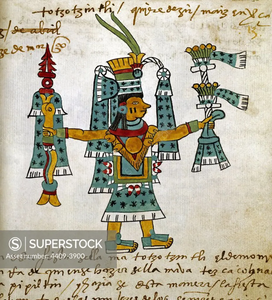 Detail of a page from the Tudela Codex, written by the Aztecs with annotations in Castilian. 1553. Madrid, Museum of America. Location: MUSEO DE AMERICA-COLECCION. MADRID. SPAIN.