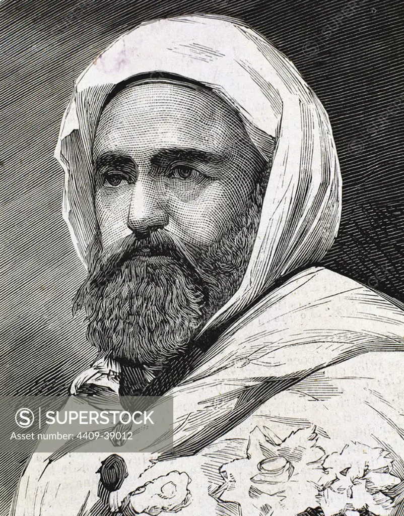 'Abd al-Qadir B Muhyi al-Din al-Hasani (Abdelkader) (1808 - 1883). Algerian Leader. Engraving.