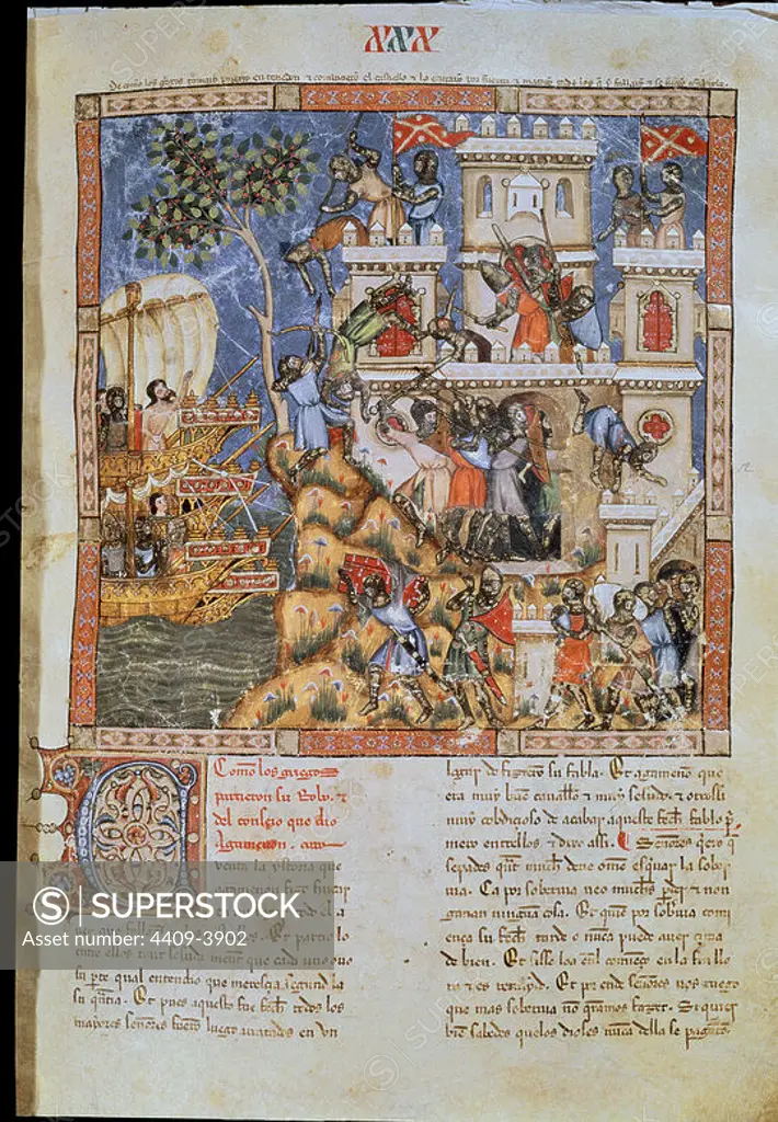 Trojan chronicle (Folio 30). Defense of a castle besieged by land and sea. Ca. 1350. Library of the Escorial monastery. Location: MONASTERIO-BIBLIOTECA-COLECCION. SAN LORENZO DEL ESCORIAL. MADRID. SPAIN.