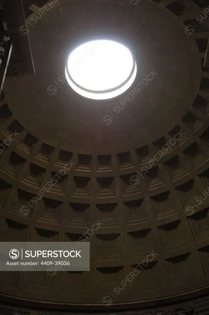 Pantheon of Agrippa. Erected by emperor Marcus Agrippa and rebuilt by Hadrian in 126 AD. Dome. Interior. Detail. Rome. Italy.