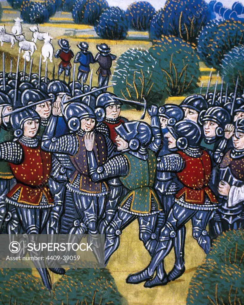 Hundred Years' War. Conflicts waged from 1337 to 1453, pitted the Kingdom of England against the Valois Capetians for control of the French throne. Battle. Miniature. 15th century. Chateau of Chantilly. France.