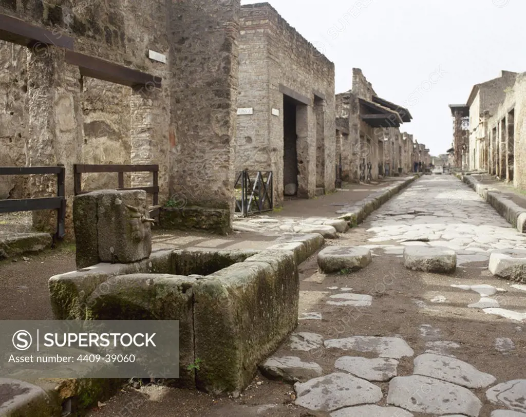 Pompeii. Ancient roman city. Fountain and stepping stone crossing. Abundance Street. Italy. Campania.