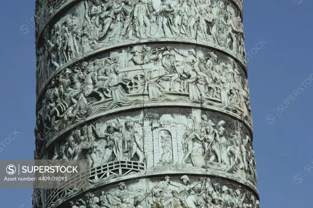 Paris. Column Vendome erected by Napoleon Bonaparte to conmemorate the Battle of Austerlitz. Vendome Square. Detail reliefs. France. Europe.