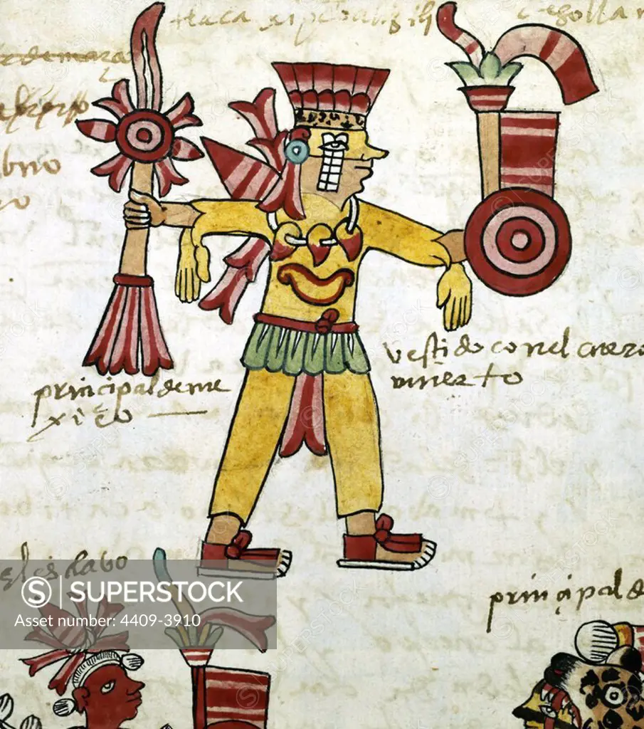 Detail from a page of Tudela Codex. Written by Aztecs, with annotations in Castilian. 1553. Madrid, Museum of America. Location: MUSEO DE AMERICA-COLECCION. MADRID. SPAIN.