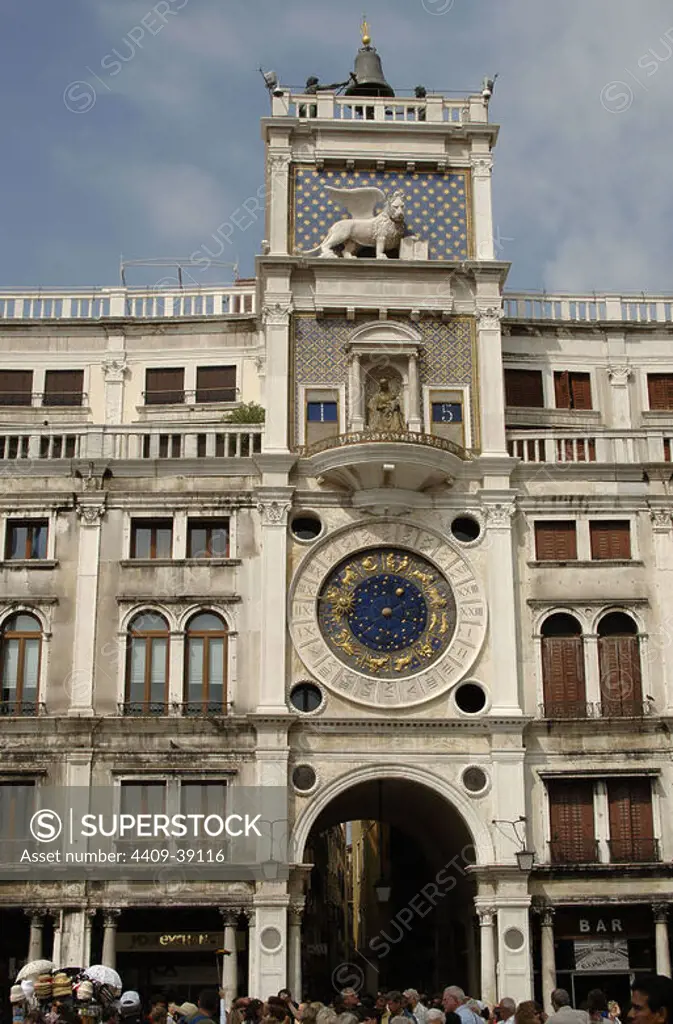 Italy. Venice. The Clocktower with astronomical clock. 15th century. St. Mark's square.