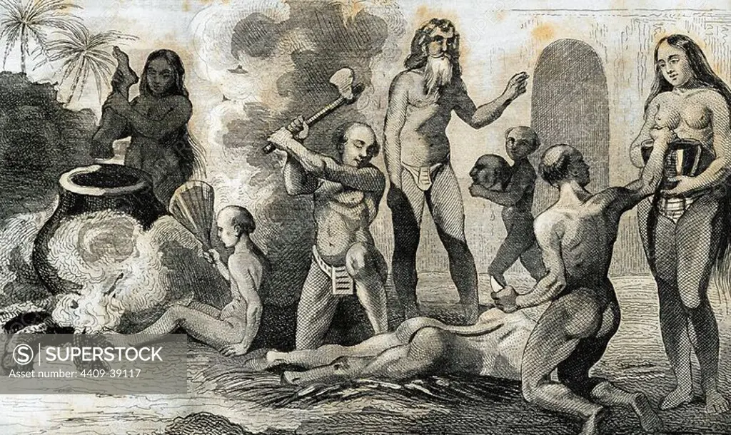 Brazil. 16th century. Cannibals preparing the meal. French engraving by Prot and drawing by Demoraine, 1844.