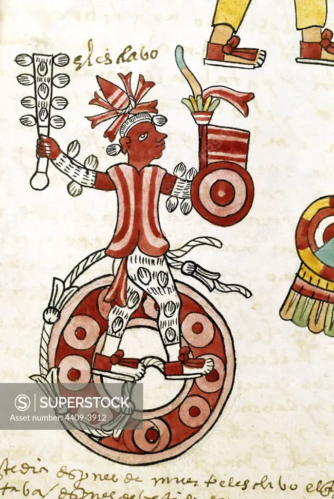 Detail from a page of the Tudela Codex. Written by Aztecs with annotations in Castilian. 1553. Madrid, Museum of America. Location: MUSEO DE AMERICA-COLECCION. MADRID. SPAIN.