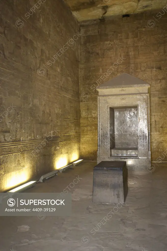 Egypt. Temple of Edfu. Ancient temple dedicated to Horus. Ptolemaic period. It was built during the reign of Ptolemy III and Ptolemy XII, 237-57 BC. Naos or cabinet-like (Sancta Sanctorum).