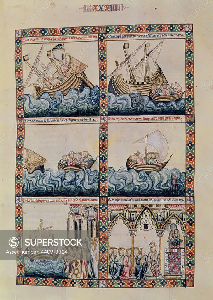'The Pilgrim Saved from Shipwreck', MTI1, The Cantigas de Santa Maria, Number 33, F49R, 13th century. Author: Alfonso X of Castile. Location: MONASTERIO-BIBLIOTECA-COLECCION. SAN LORENZO DEL ESCORIAL. MADRID. SPAIN. VIRGIN MARY. VIRGEN PEREGRINA.