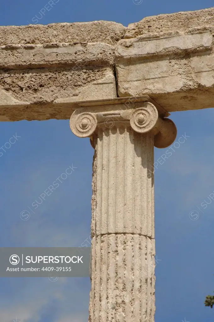 Greece, Olympia. The Philippeion. Architectural detail. Circular memorial, built by order of Philip of Macedon, to conmemorate Philip's victory at Battle of Chaeronea, 338 BC. Marble and limestone. Peloponnese.