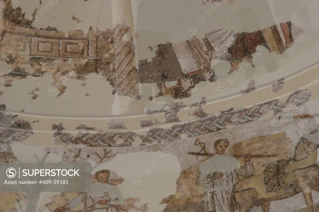 Roman Art. Early Christian Art. Roman Mausoleum in Centcelles. Built in the IVth A.D. for Constans, son of the Emperor Constantine. Detail Mosaics. Hunding. Constanti. Tarragona Province. Catalonia. Spain.