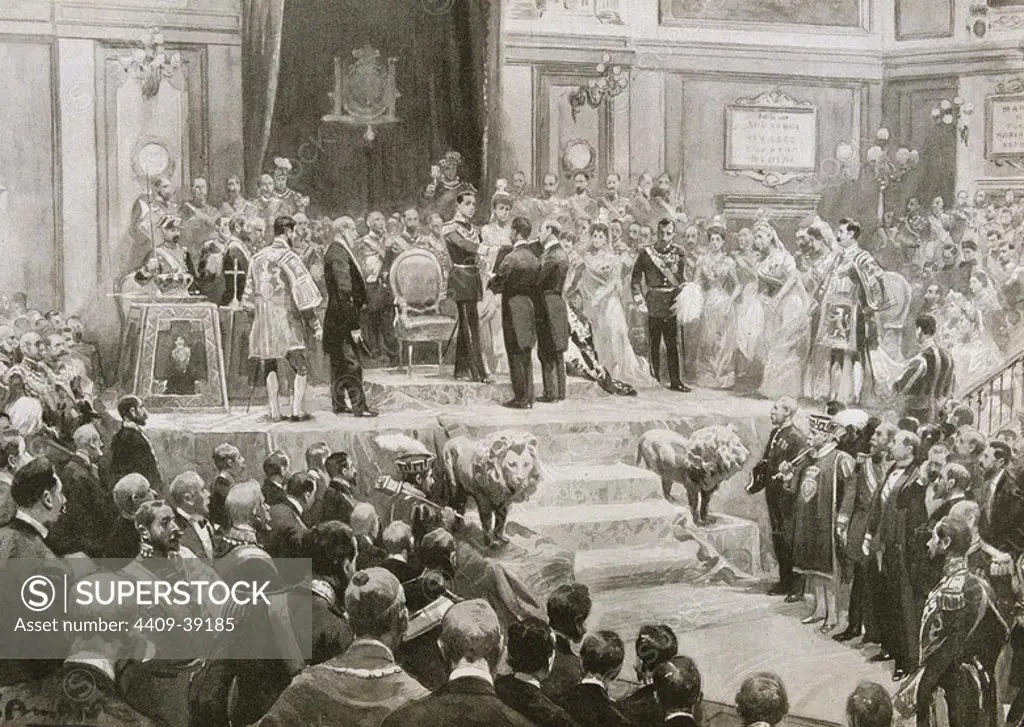 Alfonso XIII (1886-1941). King of Spain (1886-1931). The king swears the Constitution in the Parliament on May 24, 1902. Engraving in 'L'Illustration'.