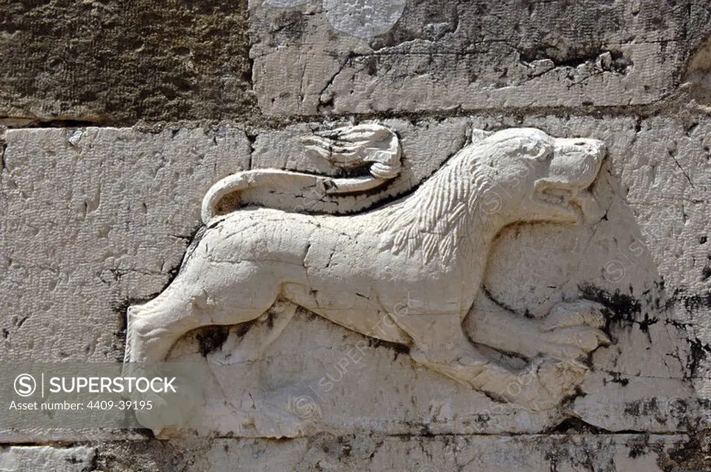 Byzantine Art. Relief depicting a lion on the facade of the Church of St. Nicholas, built in the 13th century and remodeled in 18th and 19th centuries. Mesopotam. Albania.