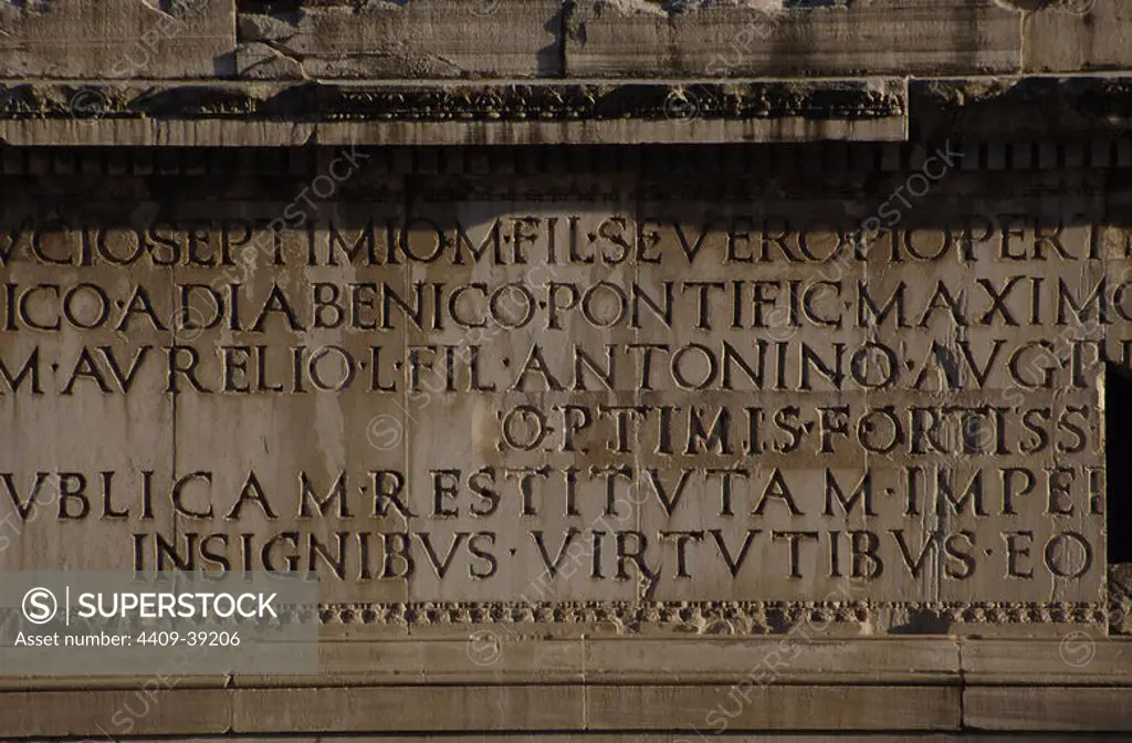 Italy. Rome. Roman Forum. Triumphal arch of Septimius Severus, dedicatied in 203 AD to commemorate the Parthian victories of Septemius Severus. Detail. Inscription.