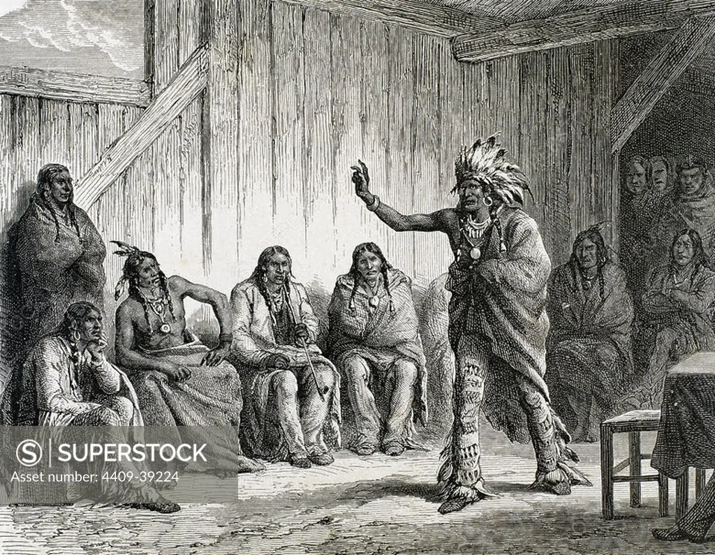 The Grand Council of the Ravens at Fort Laramie. Engraving by Guachard in 1881. USA.