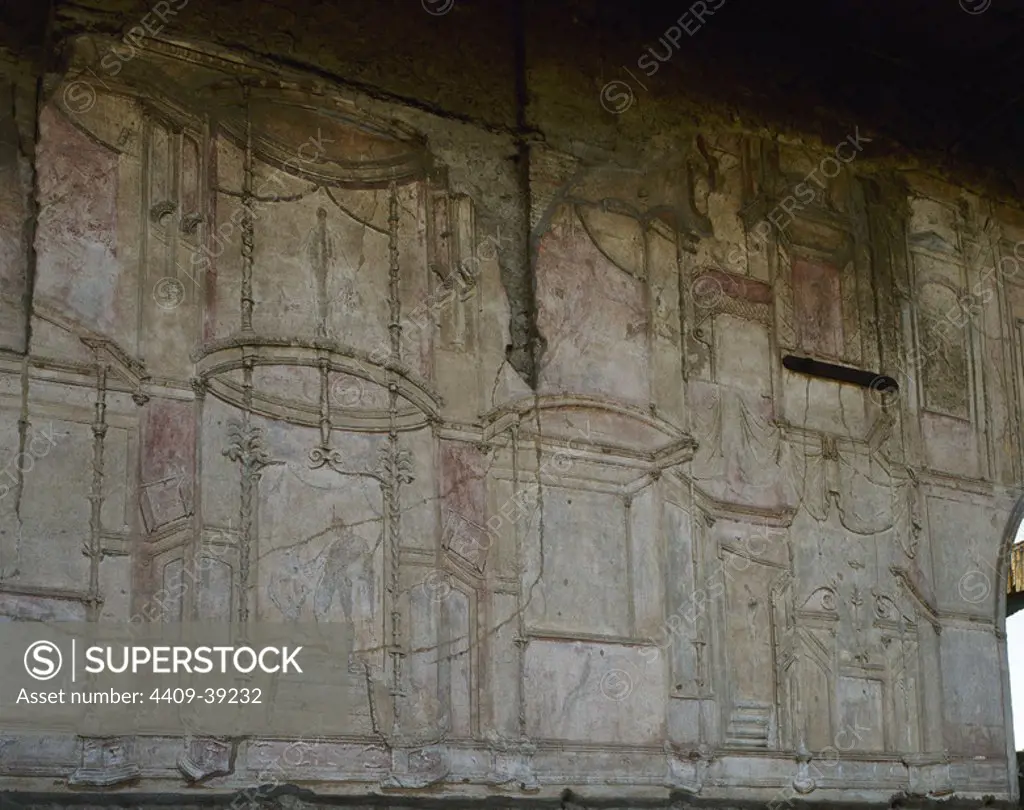 Pompeii. Ancient Roman city. Ornamental relief on the walls of a Roman house. Campania, Italy.