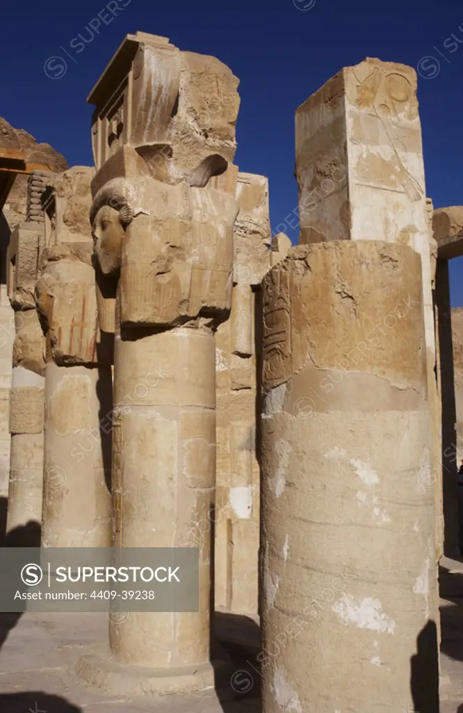 Hathor column pillars belonging to the Chapel of Hathor. Temple of Hatshepsut. Temple of Deir el-Bahari. Eighteenth Dynasty. New Kingdom.