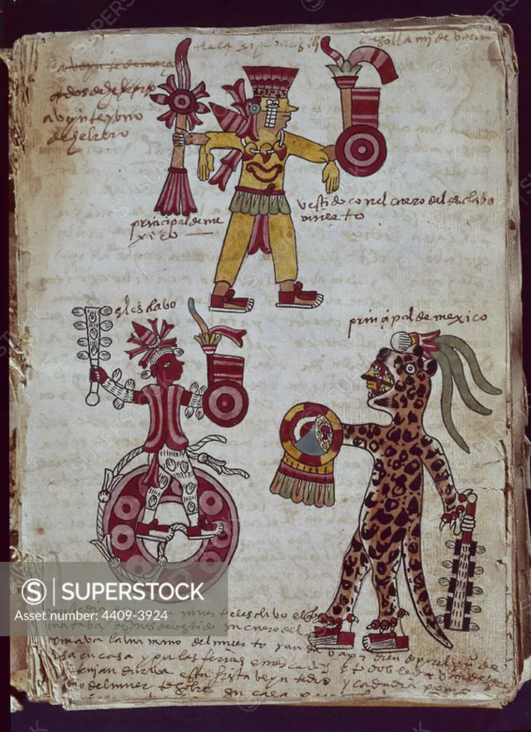 Tudela Codex written by Aztecs. Annotations in Castilian. 1553. Description of the religious calendar. Madrid, Museum of America. Location: MUSEO DE AMERICA-COLECCION. MADRID. SPAIN.