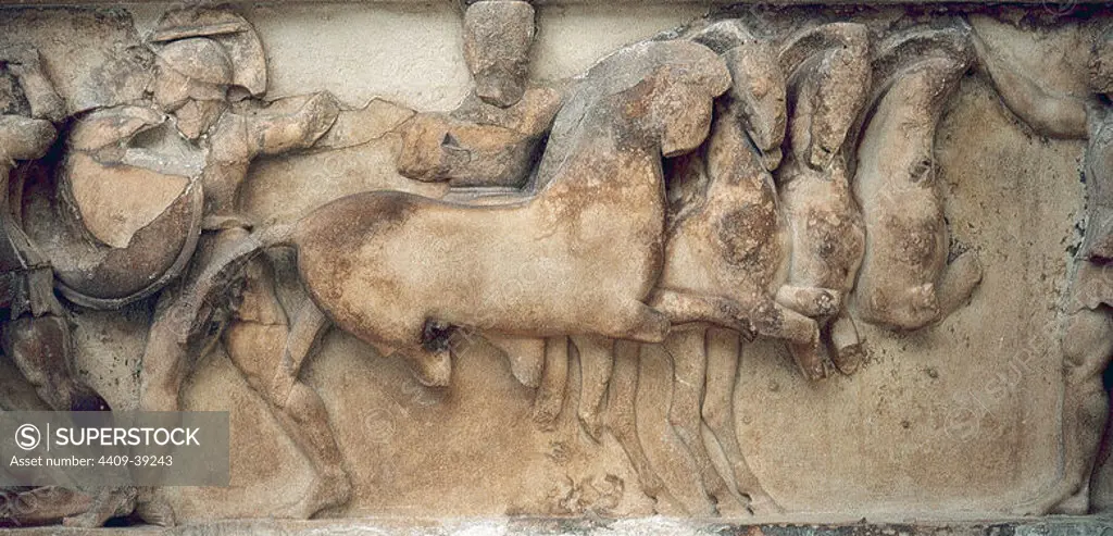 Siphnian Treasury. 530 BC. Relief depicting a scene of Troy War. Ajax and Achilles fighting Aeneas and Memnon. Archaeological Museum. Delphi. Greece.
