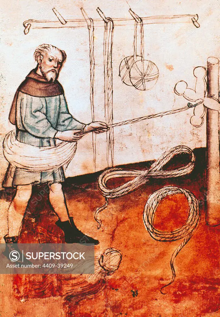 Shepherd spinning wool. 15th century.