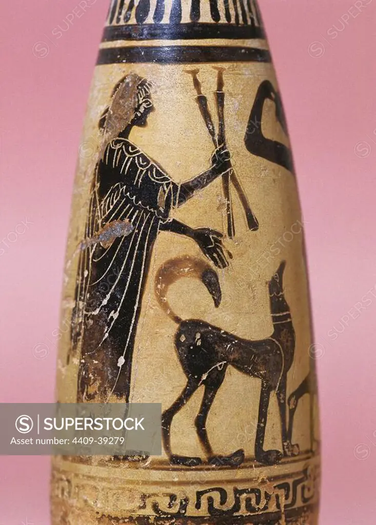 Alabastron for perfumes with scene depicting a woman with a dog. Black figures. 6th century BC. From Empuries. Girona Archaeological Museum. Spain.