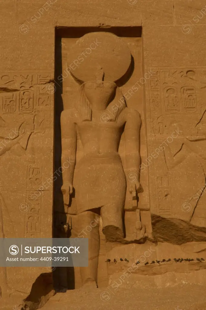 Egyptian Art. Great Temple of Ramses II. Sculpture of the god Ra carved above the entrance of the temple.19th Dynasty. New Kingdom. Abu Simbel. Egypt.