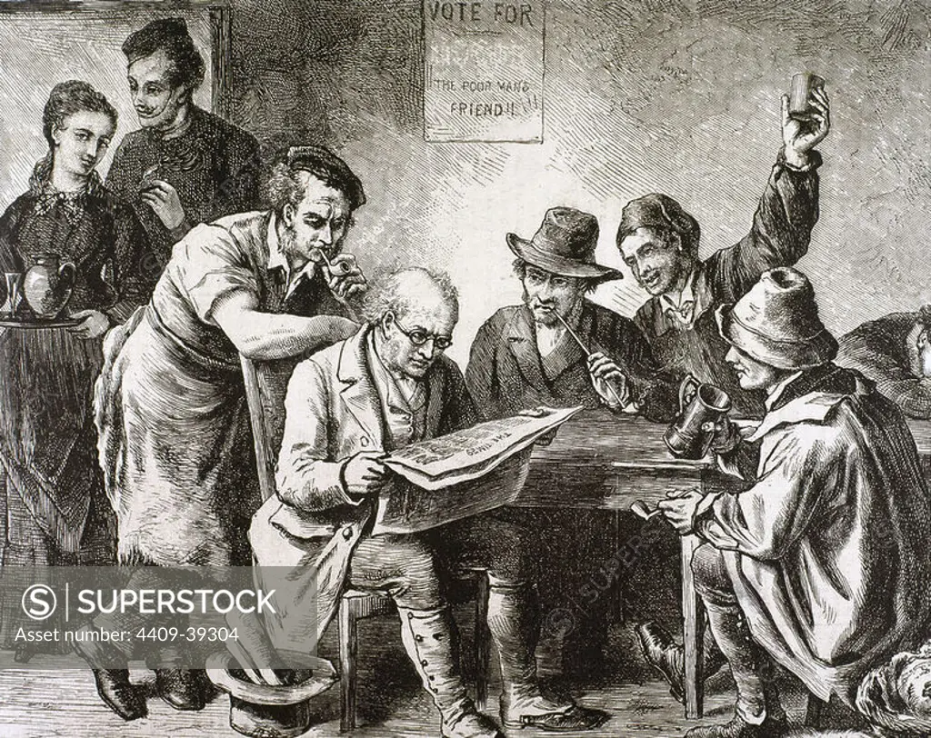 Reading the newspaper in the tavern. Engraving, 1876.