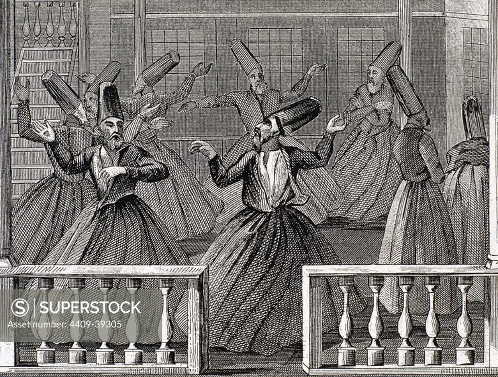 Dance of the Sufi dervishes. 19th century. Engraving.