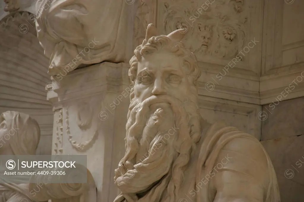 Moses. Marble sculpture by Michelangelo Buonarroti (1513-1515). Tomb of Pope Julius II. Church of Saint Pietro in Vincoli. Rome. Italy.