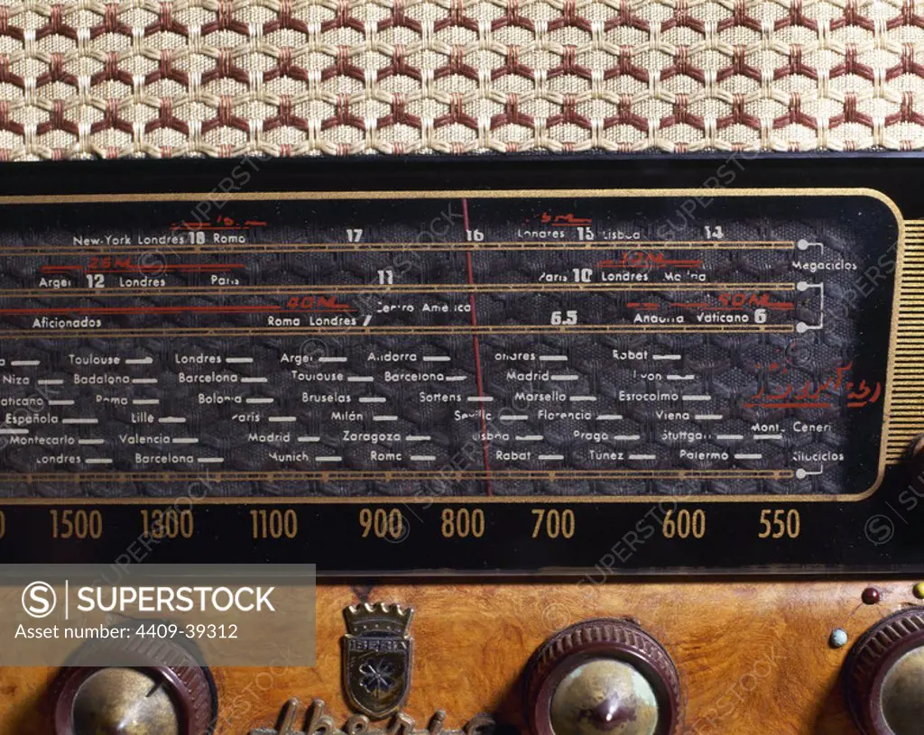 Ancient radio receiver. Brand Iberia. Dial's detail.