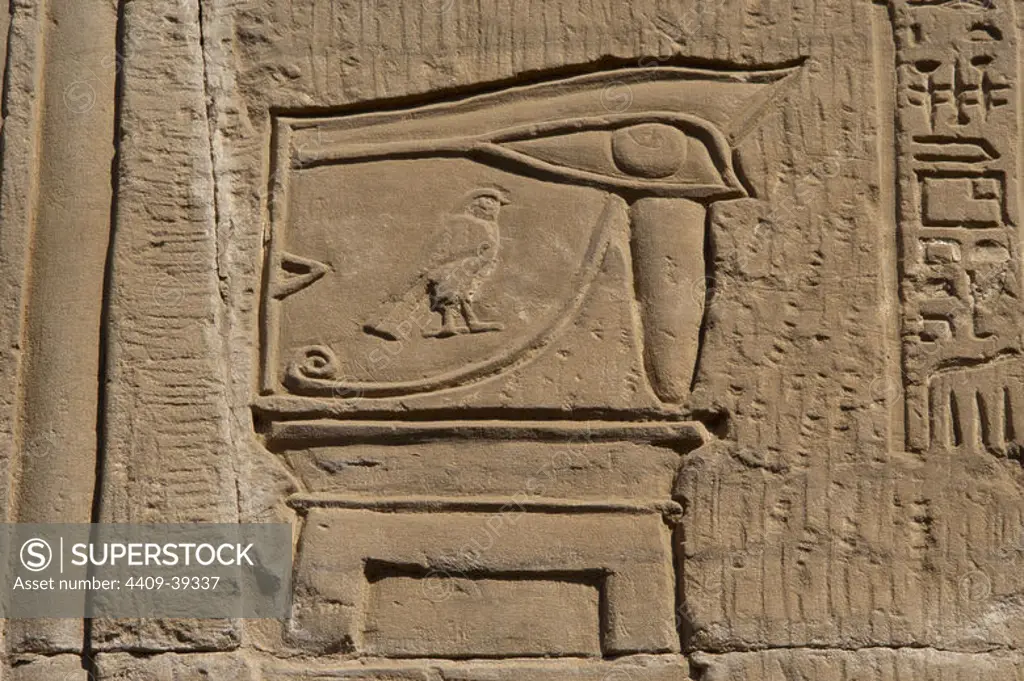 Egyptian Art. Temple of Kom Ombo. Ptolemaic Dynasty. 2nd century B.C. Dedicated to the crocodile god Sobek and falcon god Haroeris. The eye of Horus. Relief.