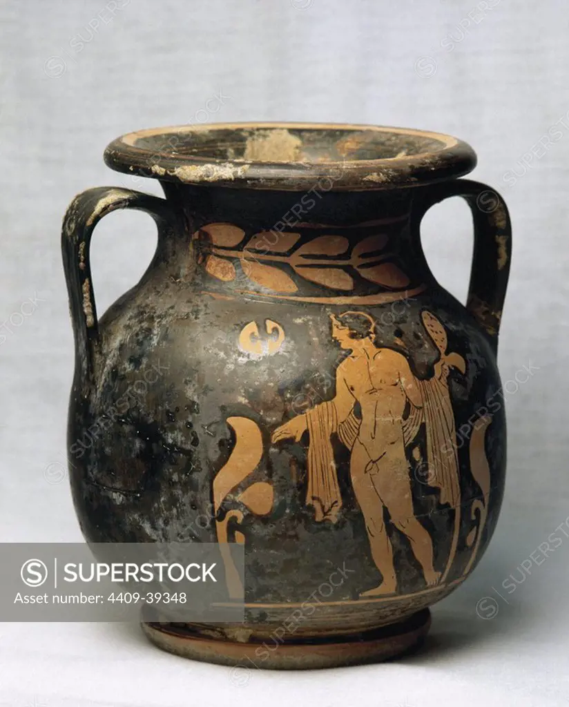 Art Greek. Magna Graecia. Greek vase painting. Red figure pottery. Amphora. Decoration. Ephebe with mirror. Comes from Taranto. Italy. Museum of Perfume. Barcelona. Spain.