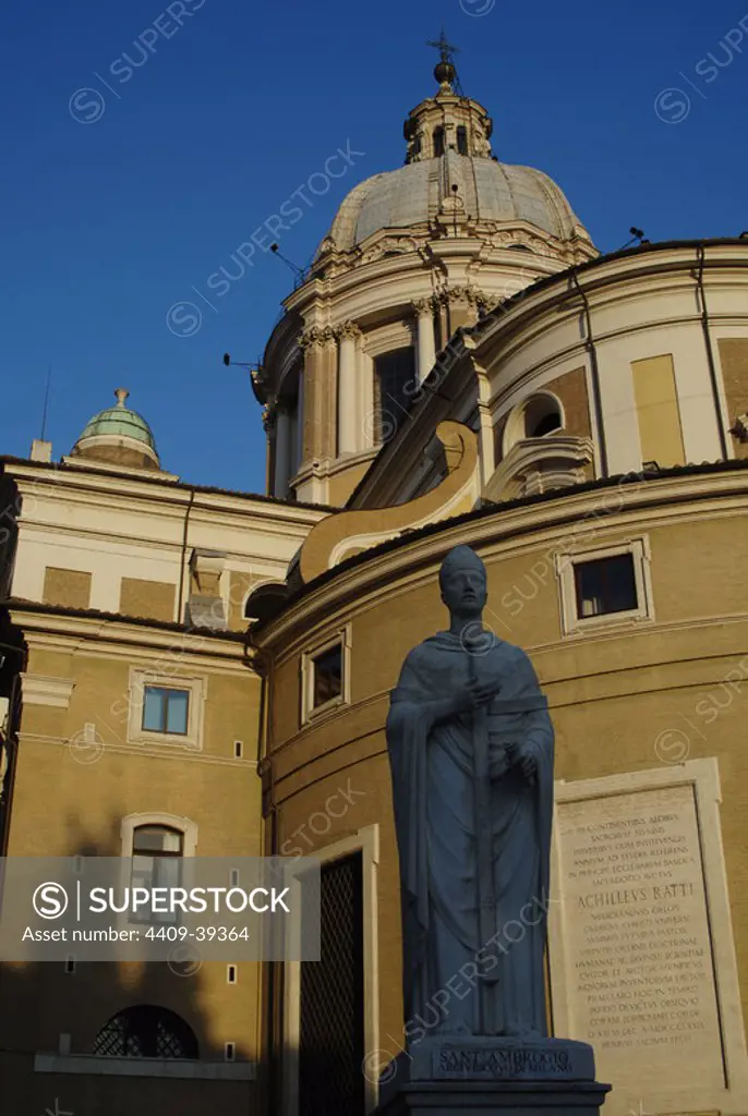 Italy. Rome. Sant'Ambrogio e Carlo al Corso, usually known as San Carlo al Corso. Its construction was begun in honour of the canonization of St. Charles Borromeo in 1610, by Onorio Longhi (1568-1619) and, after his death, by his son Martino Longhi the Younger (1602-1680). The dome was designed by Pietro da Cortona (1597-1669) in 1668. First, an statue of Saint Ambrose (340-397), archbishop of Milan.
