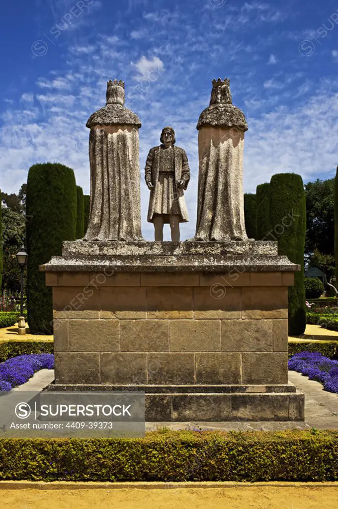 Spain. Andalusia. Cordoba. Columbus with the Catholic Monarchs. Sculpture group by Pablo Yusti. C.1960. Gardens of The Christians Kings Alcazar.
