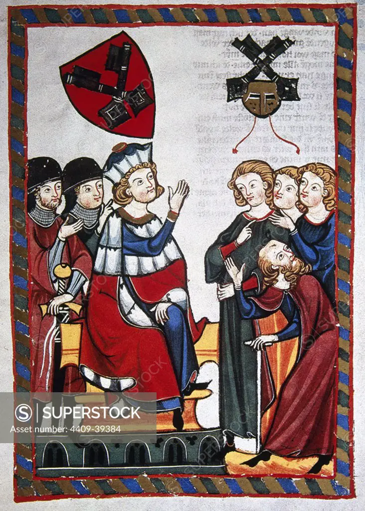 Der Burggraf von Regensburg presides over a trial. Codex Manesse (ca.1300) by Rudiger Manesse and his son Johannes. Miniature. Folio 318r. University of Heidelberg. Library. Germany.