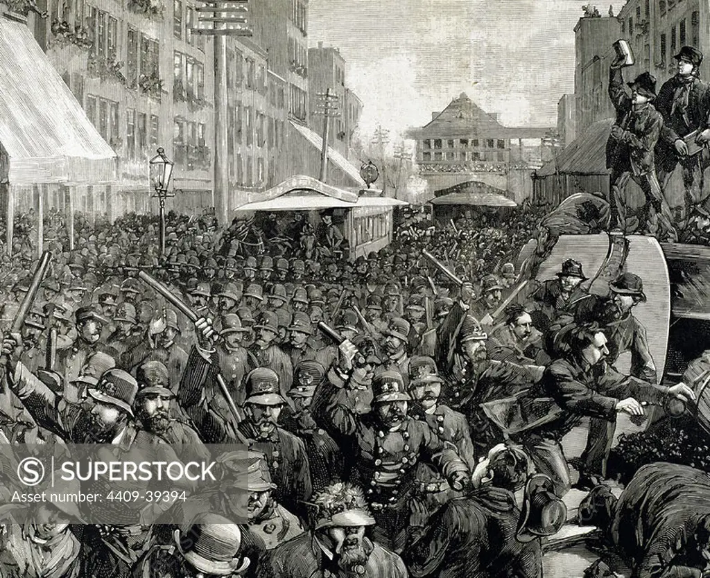 Police officers dispersing the strike of employees of Streetcar in New York, March 4, 1886. Engraving.