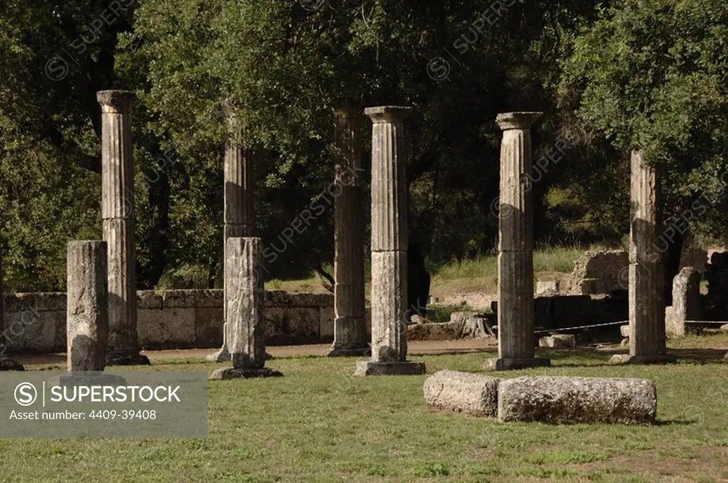 Greece. Peloponesse. Olympia. Santuary of ancient Greece in Elis. Palaestra (3rd century BC). Hellenistic Period. Ruins.
