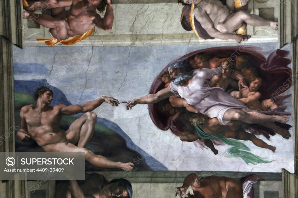 Michelangelo (Michelangelo Buonarroti) (1475-1564). Italian artist. The Creation of Adam. Fresco. C.1512. Sistine Chapel. Vatican Museums. Vatican City.