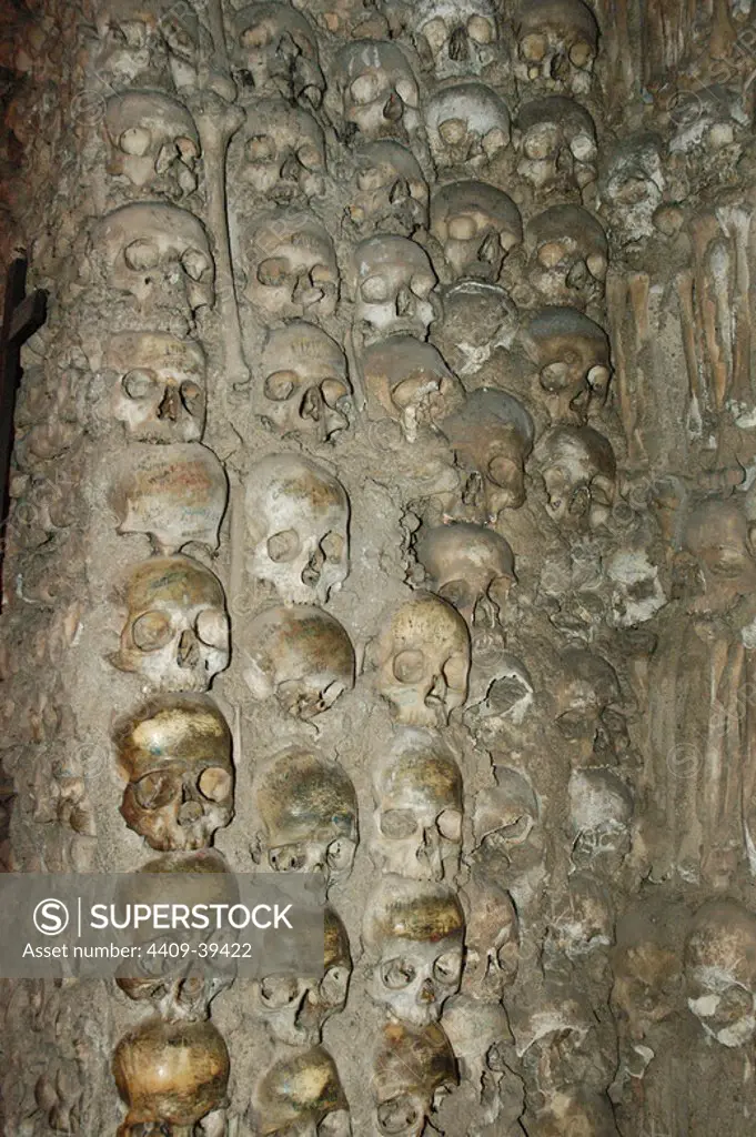 Portugal. Evora. Chapel of Bones. Chapel located next to the entrance of the Church of St. Francis. The interior walls are covered with human skulls and bones.16th century.