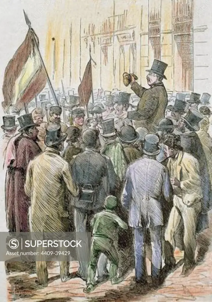 First Spanish Republic (February 11, 1873 to January 3, 1874). The chairman called to order a commission of Catalans who were seeking the release of Republican prisoners in the Carrera de San Jeronimo. Madrid, 11 February 1873. Nineteenth century engraving. Spain.