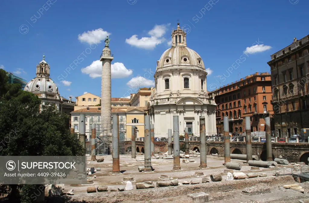Italy. Rome. Forum of Trajan. Trajan's Column, ruins of Basilica Ulpia and Church of Santo Apostolli.